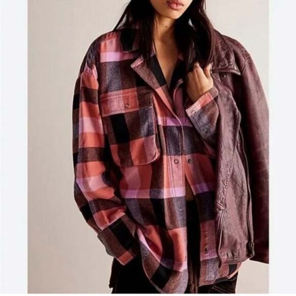 NEW FREE PEOPLE IZZY PLAID FLANNEL SHIRT, LARGE - Picture 1 of 11